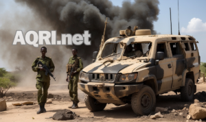 Somali soldiers stand guard near a destroyed Al-Shabaab vehicle, smoke rising in the background.