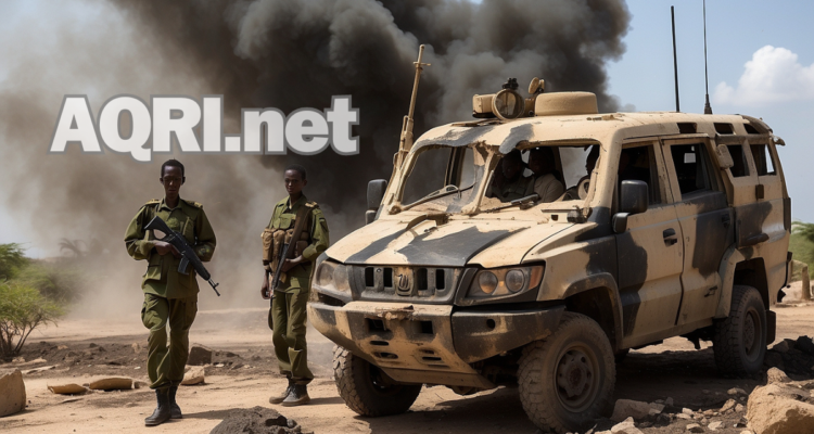 Somali soldiers stand guard near a destroyed Al-Shabaab vehicle, smoke rising in the background.