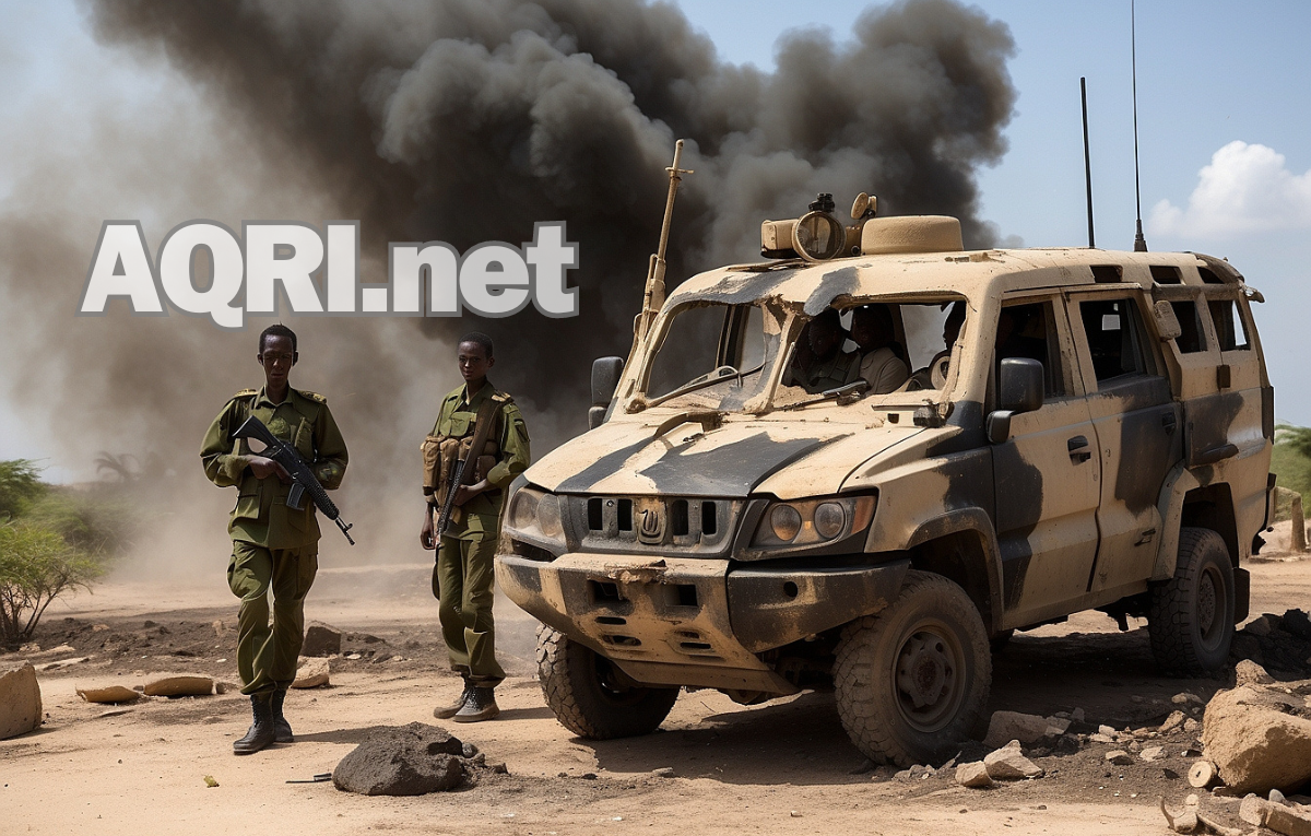 Somali soldiers stand guard near a destroyed Al-Shabaab vehicle, smoke rising in the background.