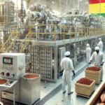 Ghanaian workers processing cocoa beans in a modern factory