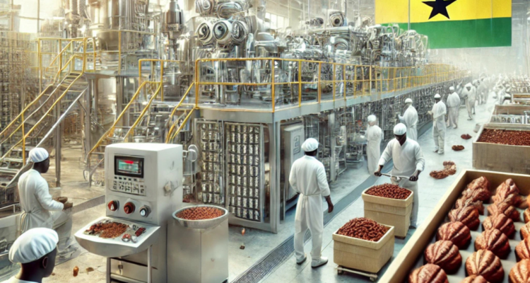 Ghanaian workers processing cocoa beans in a modern factory