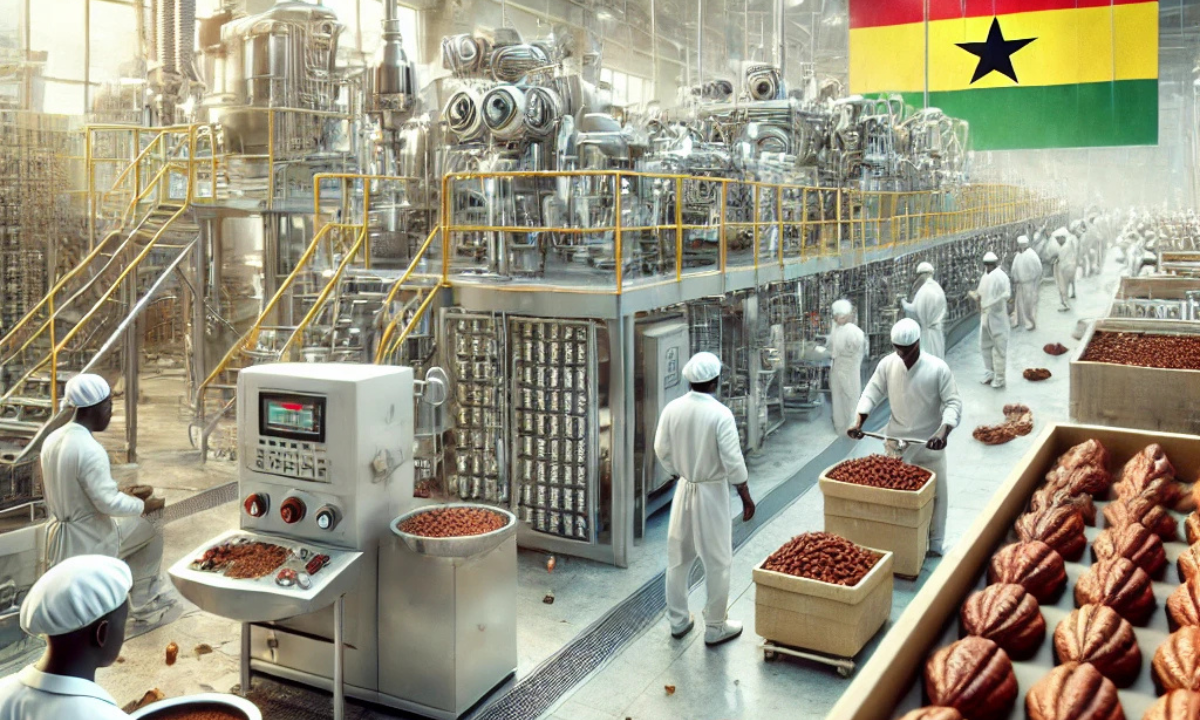 Ghanaian workers processing cocoa beans in a modern factory