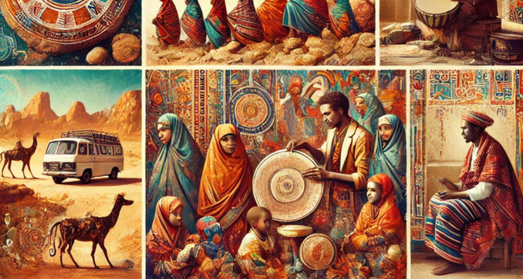 A vibrant montage of Somali cultural elements